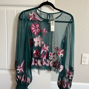 NWT - BY ANTHROPOLOGIE Long Sleeve Embroidered Mesh Top
